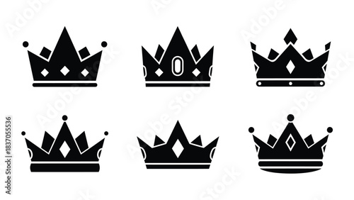 Set of six black silhouette crown icons symbol royalty