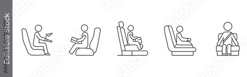 Car seat and passenger safety line icon set – editable outline symbols of seatbelt, child seat, booster, and travel safety
