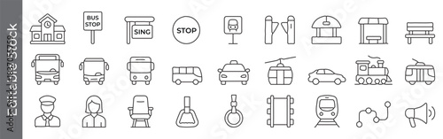 Public transport and bus stop line icon set – editable outline symbols of bus, stop sign, station, tram, train, taxi and driver