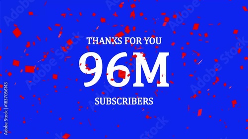 Thank you 96 M followers. 96 Million followers realistic sign on the brick wall animation. confetti party effects, social media milestone motion graphics animation 