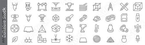 3D printing and engineering line icon set – editable outline symbols of printer, nozzle, filament, gear, cube and design tools
