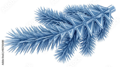 Futuristic blue coniferous branch with geometric needles, a modern winter holiday decoration or abstract natural element design on a clean white background