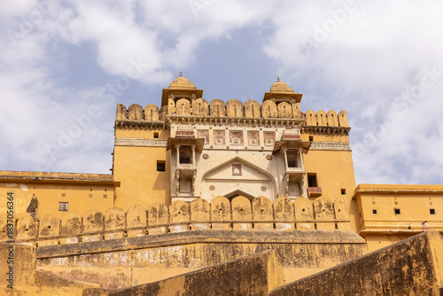 Architecture view of amber fort or amer fort palace of jaipur. Amber fort is a famous tourist destination of rajasthan. Tourists from entire world travel to amber fort and witness the palace.