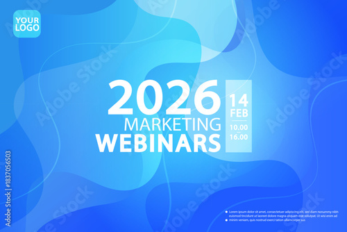 Marketing Webinars banner template with blue fluid gradient background. Concept of online business seminar invitation, corporate event announcement, and digital conference layout.