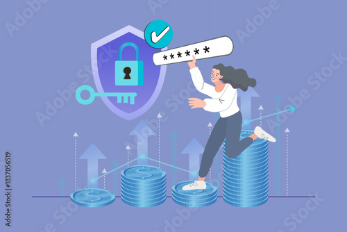 Woman running on coin stacks holding password bar with shield lock background. Concept of financial data security, secure investment growth, cyber protection, and safe banking access.