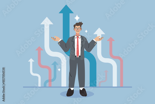 Businessman shrugging with multiple direction arrows. Concept of business decision making, career path choice, strategy confusion, and market trend uncertainty.