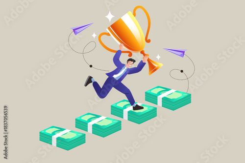 Businessman holding gold trophy cup running up green money banknote stairs. Concept of financial success, winning business award, profitable investment growth, and wealthy achievement goal.