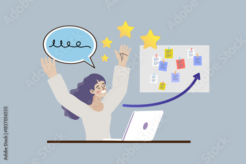 Happy woman celebrating five star feedback rating with project sticky note board and rising arrow. Concept of customer satisfaction, successful task completion, agile workflow, positive work review.