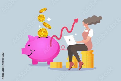 Woman working on laptop sitting on coin stack next to pink piggy bank with rising arrow. Concept of online passive income, saving money, financial investment growth, and smart budget planning.