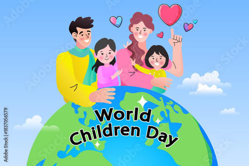 Happy family celebrating World Children Day behind globe with hearts. Concept of international kid festival, global parenting love, childhood rights, and happiness.