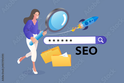 Woman holding magnifying glass analyzing search bar with SEO rocket launch. Concept of digital marketing strategy, keyword research, website ranking boost, and online business growth.