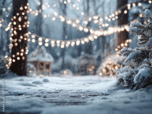 Winter snowy scene with soft foreground snow and glowing holiday lights