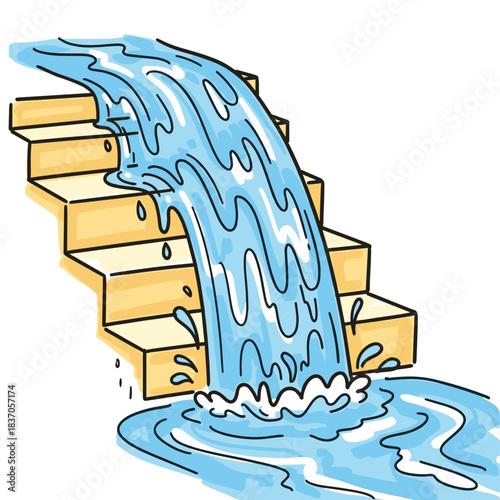 Cartoon of flowing water cascading down stairs in bright colors  