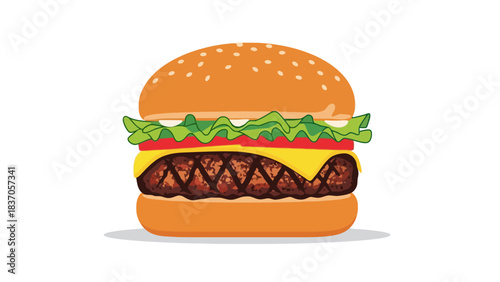 A cartoon hamburger with sesame seed bun lettuce tomato cheese and patty
