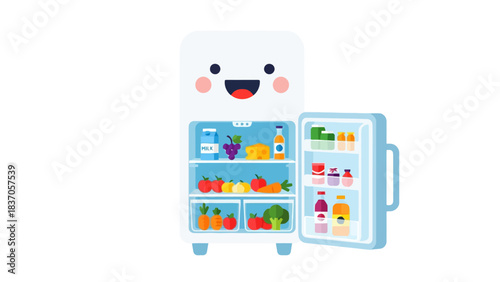 A cartoon refrigerator with food and drinks inside and on its shelves