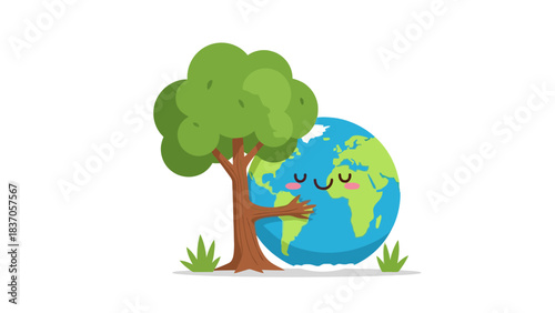 A cartoon tree hugging the Earth with a happy face