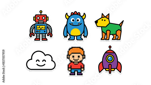 Vector Set of Cute Cartoon Characters Robot Monster Dog Cloud Kid and Rocket for Kids Designs