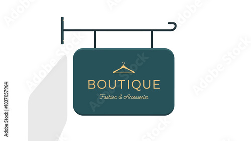A dark teal boutique sign with BOUTIQUE in gold text
