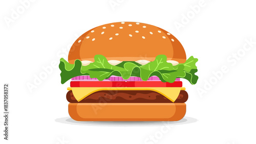 A frontfacing illustration of a hamburger with lettuce onion tomato cheese and a patty