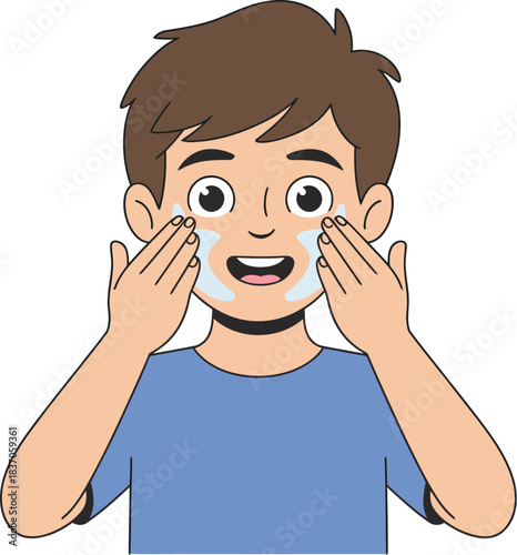 Boy cartoon washing face skincare routine facial cleanser illustration