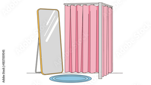 A fulllength mirror stands next to a pink changing room with a blue rug