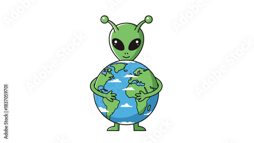 A green alien with large black eyes hugs the Earth