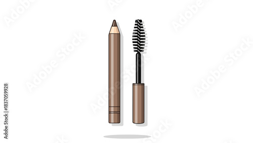 A makeup pencil and a mascara wand stand on a white background