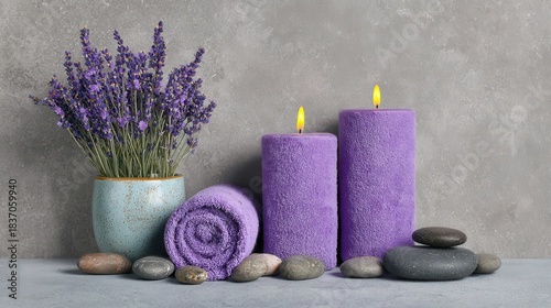 Purple candles lavender with spa stones for relaxation