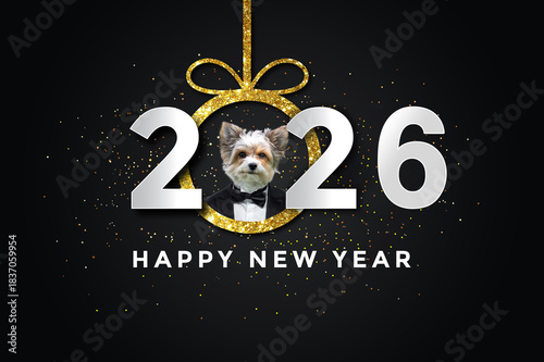Happy New Year 2026 – Festive Holiday Card with Biewer Yorkshire in Tuxedo and Golden Ornament