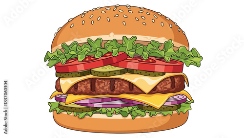 A pixel art illustration of a doublepatty cheeseburger with lettuce tomato pickles and red onion
