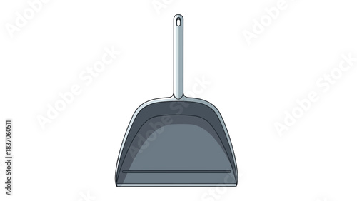 A silver dustpan with a handle and a hanging hole