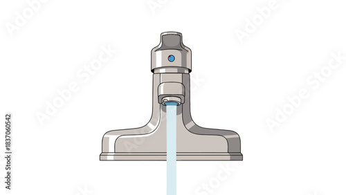 A silver faucet is dispensing a stream of light blue water