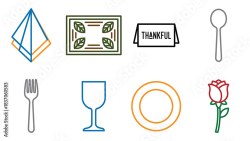 Thanksgiving Dinner Table Setting Icons Napkin Placemat Thankful Card Utensils Glassware Plate Rose Vector Illustration