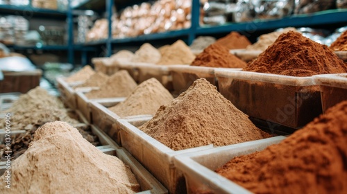 Fototapeta Naklejka Na Ścianę i Meble -  Open market spice section with colorful powders for culinary branding or natural food product advertisement presentation visuals packaging design photography