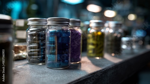 Fototapeta Naklejka Na Ścianę i Meble -  Glass spice jars with colorful contents on display shelf for culinary product packaging or market advertisement presentation visuals branding concept design