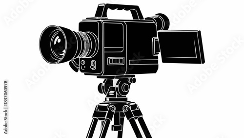 Professional video camera mounted on a tripod capturing cinematic footage.