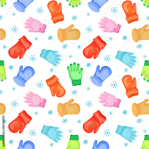 Vintage winter seamless pattern with mittens and snowflakes isolated on white background. Warm winter gloves. Colorful mitten cold season, apparel accessories