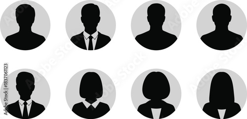 Versatile collection of male and female avatar silhouettes suitable for user profiles and professional applications