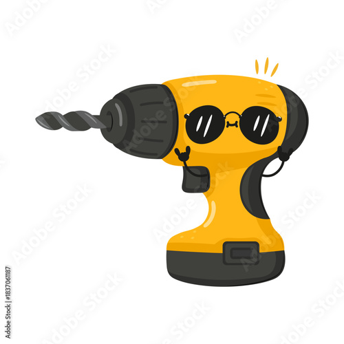 Cool drill character wearing sunglasses showing rock gesture