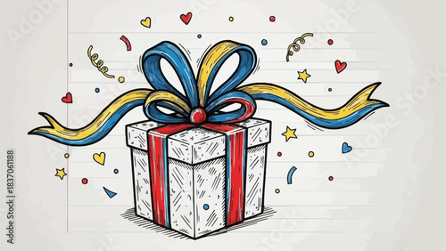 Festive Gift Box with Ribbon and Confetti Illustration.