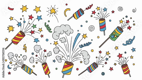 A vibrant collection of hand drawn fireworks and party popper doodles.
