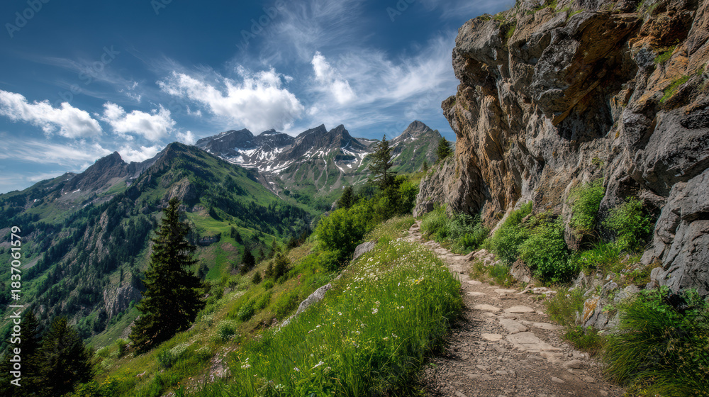 Obraz premium A scenic mountain trail winds along a rocky cliffside, offe stunning views of snow capped peaks and lush green valleys under a bright blue sky with clouds.