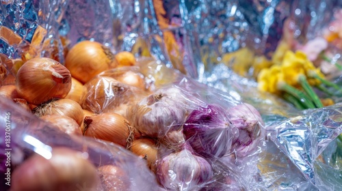 Wallpaper Mural Colorful vegetables wrapped in plastic film on wet market table for food branding packaging photography advertisement product display Torontodigital.ca