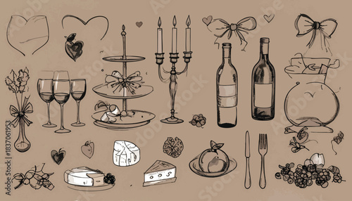 Sketched still-life with wine, cheese, fruit, and romantic elements