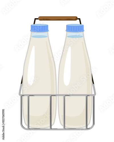 Metal basket with two bottles of milk. Household. Fresh dairy products of milk carrier. Furnishings for a city cafe. Flat style