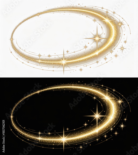 Golden Sparkling Dust Ring Frame Light Effect on Black and Transparent Background