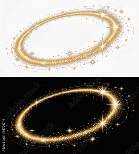 Golden Sparkling Dust Ring Frame Light Effect on Black and Transparent Background