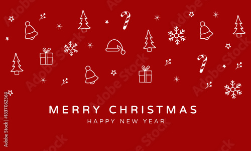 RED Xmas Christmas and New Year greetings inimalist card Holidays  elements illustration.