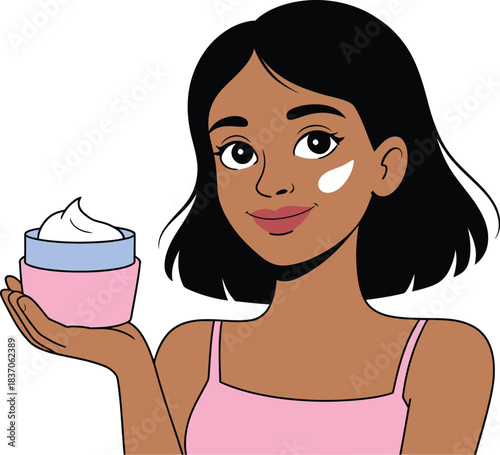 Woman applying skincare cream beauty routine facial treatment product