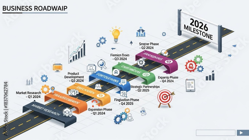 Business Roadmap Visualization: An abstract illustration depicts a strategic business roadmap, leading toward the future milestone of 2026.